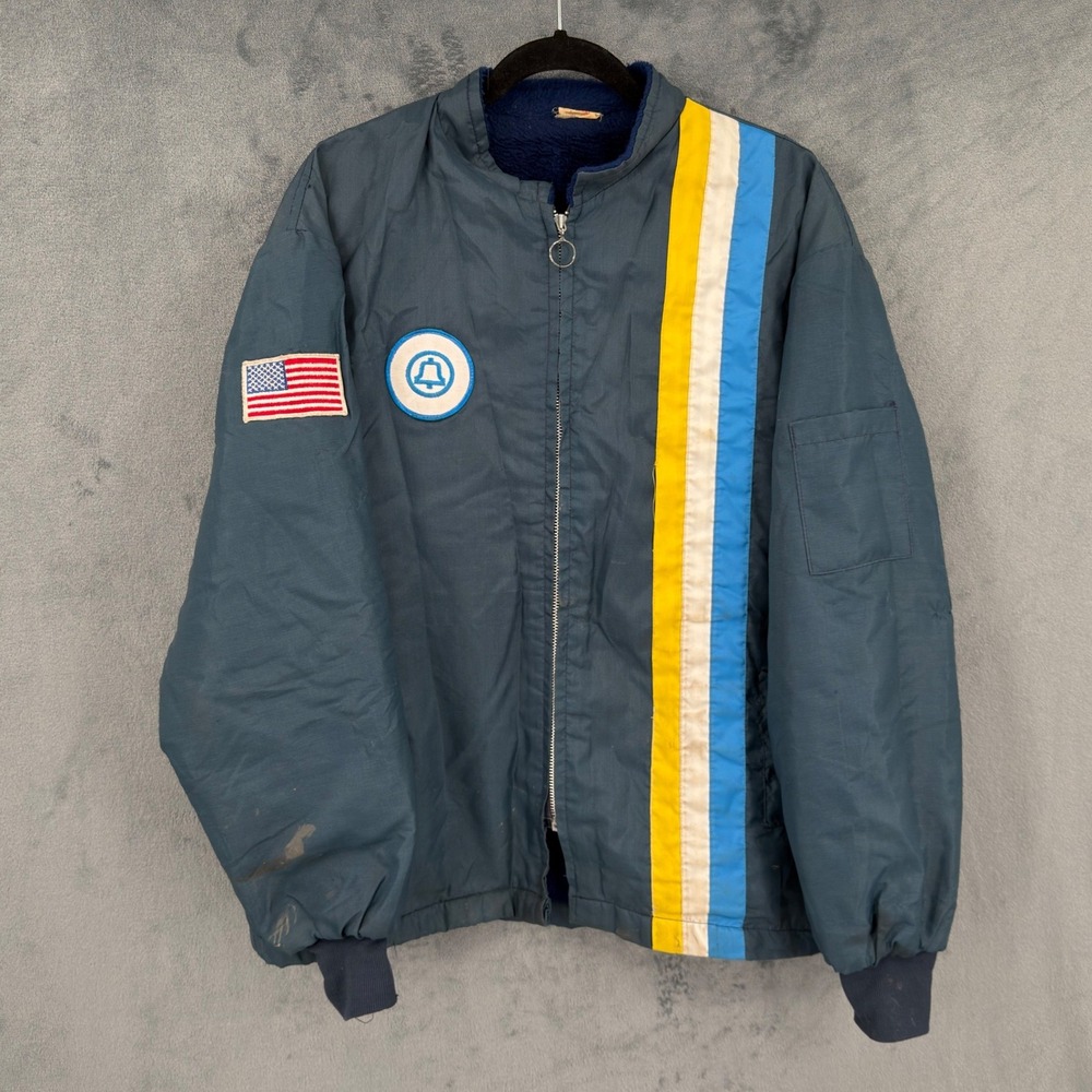 Vintage Bell System Jacket Mens Size L Racing Bomber Stripe Patch Utility Logo